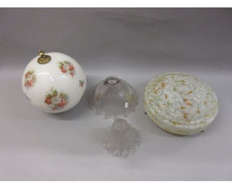 Holophane glass ceiling light shade, another cut glass and etched lamp shade, opaque mottled glass shade and a modern floral 