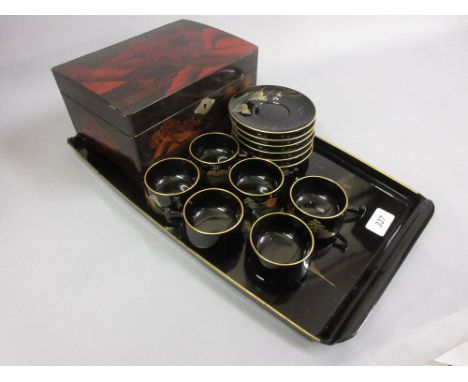 Japanese lacquer musical jewel box, together with a Japanese lacquer tea / coffee service with tray