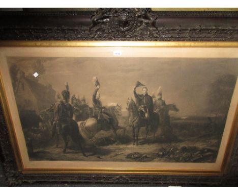 Large 19th Century black and white engraving, a meeting of Wellington and Blucher, together with its pair, Nelson accepting a