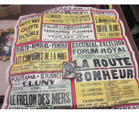 Mid 20th Century French theatre poster, a small gilt framed print of a gentleman and a French porcelain dolls tea service (at
