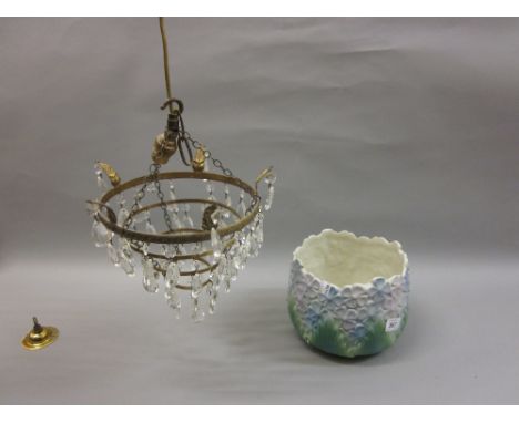 Gilt brass and cut glass four tier hanging light fitting together with a pottery floral decorated jardiniere