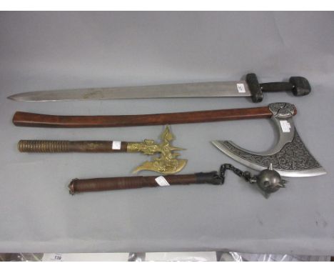 Reproduction Spanish steel and wooden axe, similar smaller axe, a mace and sword
