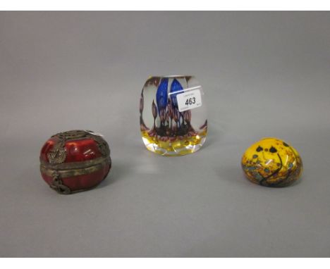 Caithness ' Quadrophonic ' paperweight, small yellow Art Glass paperweight' indistinctly signed and a Chinese red glazed and 