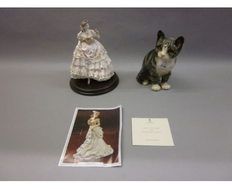 Kensington Winstanley pottery figure of a cat together with a Royal Worcester porcelain figure, ' The Fairest Rose '