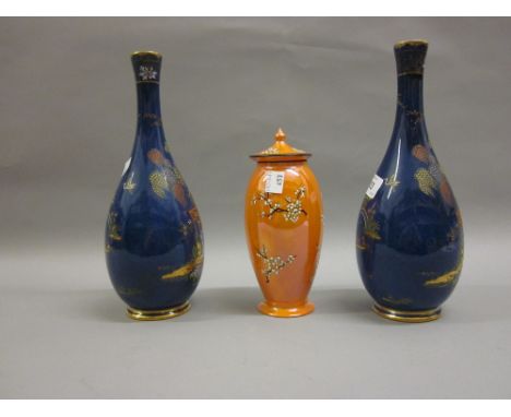 Pair of Carlton ware (W &amp; R mark) blue chinoiserie decorated bottle vases, together with a similar smaller orange ground 