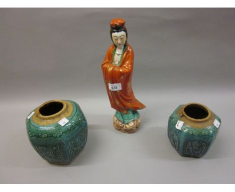 Chinese porcelain figure bearing character stamps to base, 13.5ins high, together with two stoneware green glazed hexagonal g