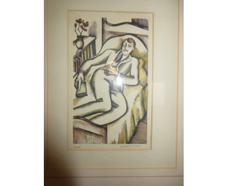 Lynton H. Lamb, 1907 - 77, Grosvenor School style woodcut, 'Ennui', signed and framed together with an unframed self-portrait