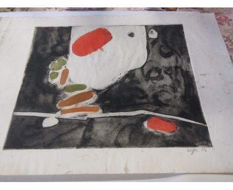 Unframed etching abstract forms, signed, ' Cliffe ', dated '52 (1952), 15ins x 22ins, including margins CONDITION REPORT Imag