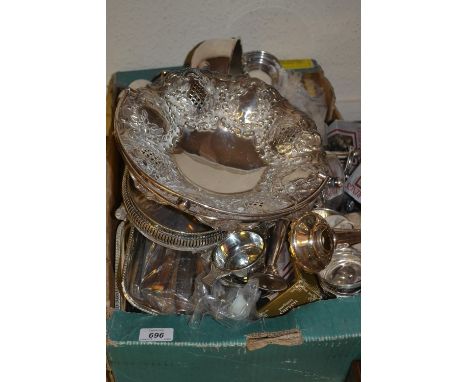 Box containing a large quantity of various silver plated items including entree dishes, swing handled baskets and flatware et