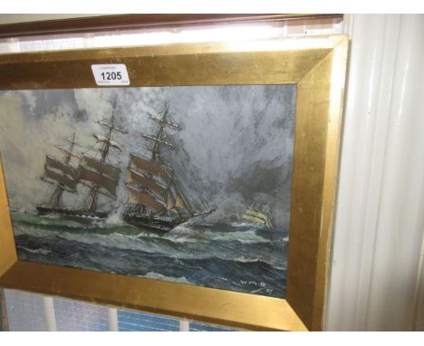 W.M. Birchall, monogrammed watercolour and gouache, maritime scene with three masted gun ship, 8.5ins x 13.5ins CONDITION REP