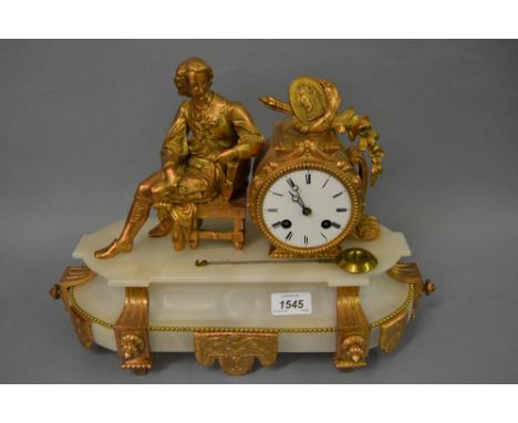 19th Century French gilded spelter and alabaster mantel clock, the drum form case with a seated figure of an artist beside, t