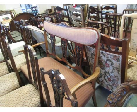 Edwardian mahogany drawing room sofa with a triple pierced and carved splat back