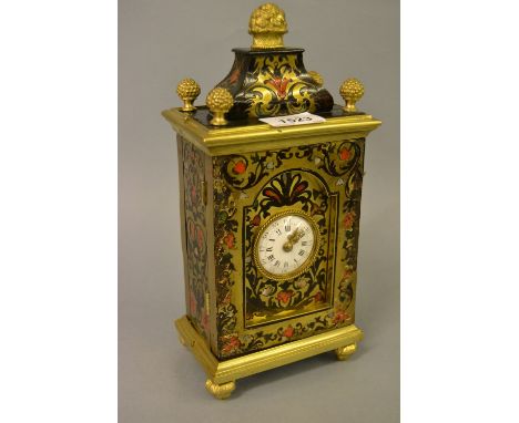 19th Century buhl mantel clock having gilt brass mounts, the circular enamel dial with Arabic and Roman numerals and a single