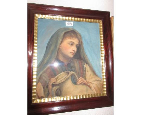 Late 19th Century watercolour, portrait of a young lady holding a water vessel, rosewood framed, 14ins x 12ins