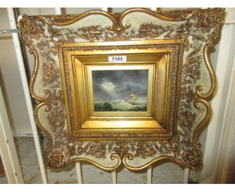 19th Century oil on millboard, maritime scene with gun ship in a storm, heavy gilt framed