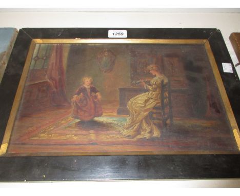 P. Greenwood, 19th Century oil on panel, mother and child in an interior playing a mandolin, signed, dated '74, 8.5ins x 13.5