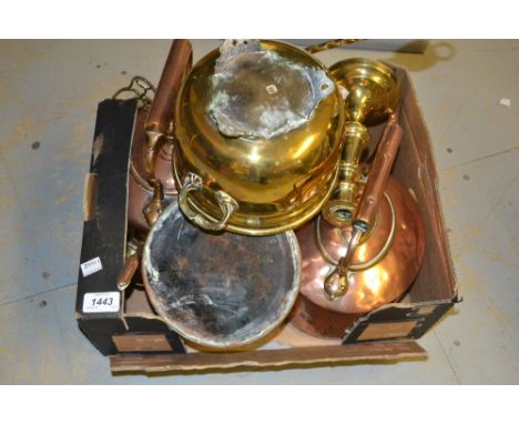 Two copper kettles, brass candlestick and various other metalware