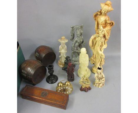 Box containing a quantity of various treenware items, travel alarm clock and various oriental carved hardstone and later resi