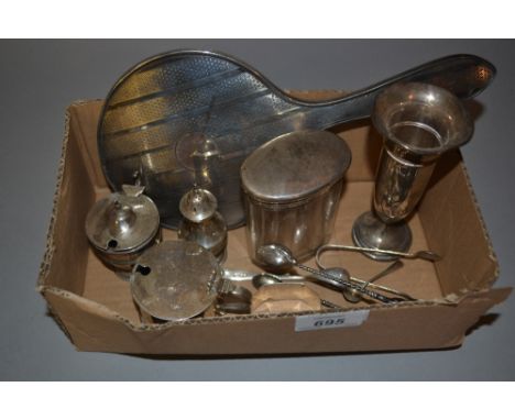 Three silver condiments, silver napkin ring, pedestal vase, dressing table mirror and silver topped dressing table bottle and