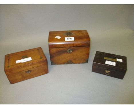 Victorian walnut dome top brass mounted two division tea caddy, together with a small rosewood money box and a small brass mo