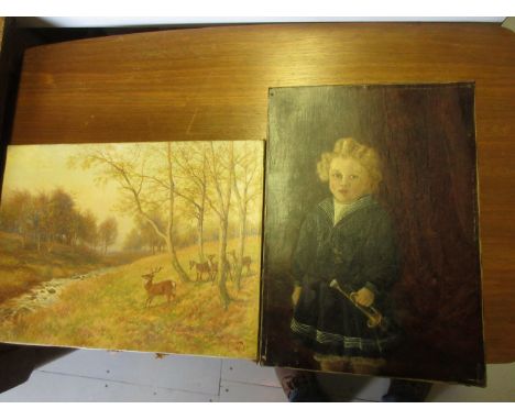 Two unframed oils on canvas, portrait of a child with a toy trumpet, and landscape with deer by a stream