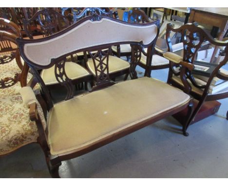 Edwardian mahogany drawing room suite comprising: a sofa, pair of armchairs and four side chairs, each with pierced splat bac