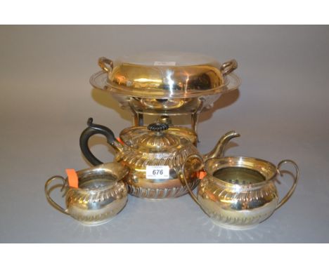 Three piece oval plated tea service, silver plated chafing dish on stand with burner, cased part canteen, other miscellaneous
