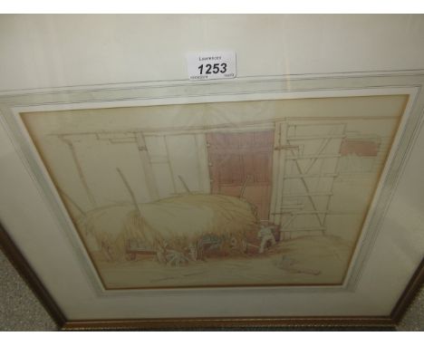Morgan Rendle, watercolour, figure loading a hay cart, 11ins x 13ins, gilt framed