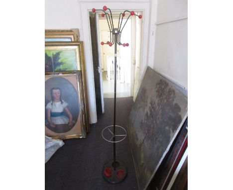 Mid 20th Century metal, chrome and red plastic mounted hat, coat and stick stand (at fault)