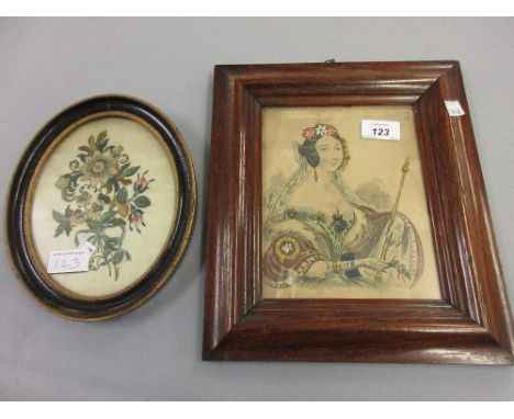 Small 19th Century portrait tinsel picture together with an oval framed floral embroidered panel CONDITION REPORT Please see 