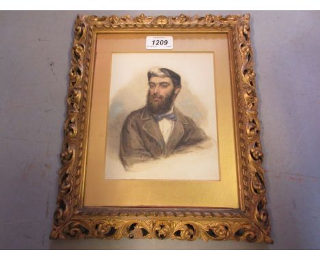 19th Century ornate gilt framed watercolour, half length portrait of a gentleman with a blue bow tie, 7ins x 5.5ins