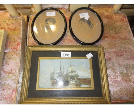 Small oil on white opaque glass, sailing vessels in harbour, signed Martin, together with a small framed watercolour, river s