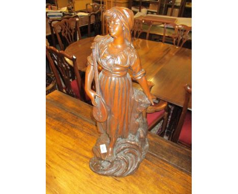 19th Century dark patinated bronzed figure of a woman playing a lute on a naturalistic base, 21ins high