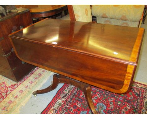 19th Century mahogany crossbanded and inlaid sofa table with single end drawer on rectangular tapering column support with fo