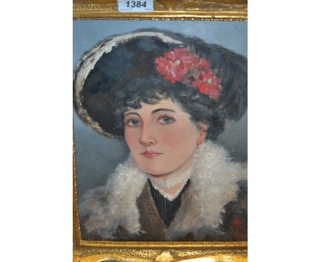 Oil on card, head and shoulder portrait of a lady with white fur collar and a fur trimmed hat, signed with monogram G.R. and 