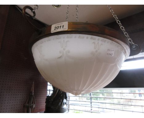 1920's Hanging ceiling light having opaque glass shade with oxidised copper holder