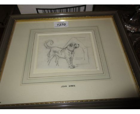 Attributed to John Emms, pencil drawing, portrait of a dog by a kennel