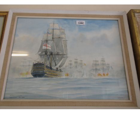 Erskin Tufnell, signed watercolour, H. M. S. Victory, a naval engagement, Trafalgar, 13ins x 17ins