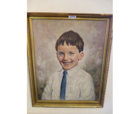 20th Century oil on canvas, head and shoulder portrait of a young smiling boy wearing a blue tie, gilt framed, unsigned, 19in
