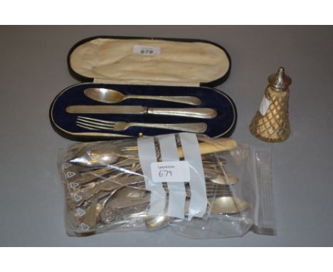 Cased silver three piece bead pattern Christening set, set of six Hampstead golf club coffee spoons, Victorian silver butter 
