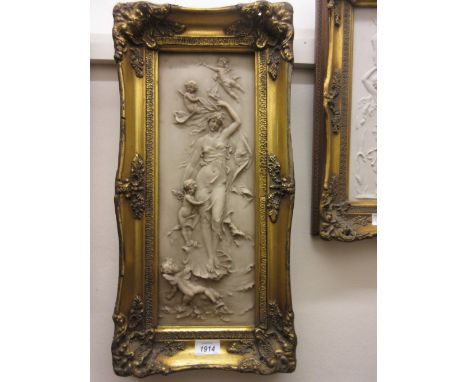 Group of three reproduction gilt framed ceramic plaques of females with attendants