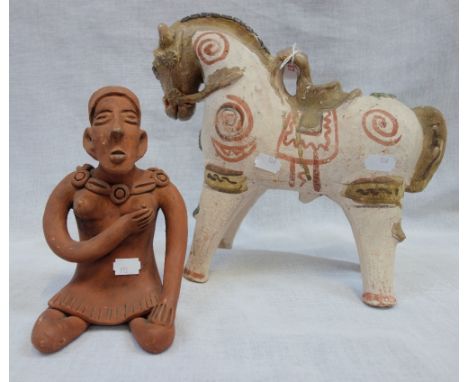 A 'MAYAN' TERRACOTTA FIGURE OF A SEATED WOMAN, and a glazed and painted and partially glazed pottery horse