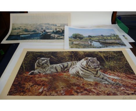 DAVID SHEPHERD: 'Rhino Beware', signed limited edition print no 1068/1300 (unframed) and various other unframed prints