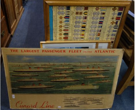 MARINE SHIPPING INTEREST; A VINTAGE ADVERTISING BOARD FOR 'CUNARD LINE' depicting 'Queen Elizabeth, 'Queen Mary', 'Britannic'