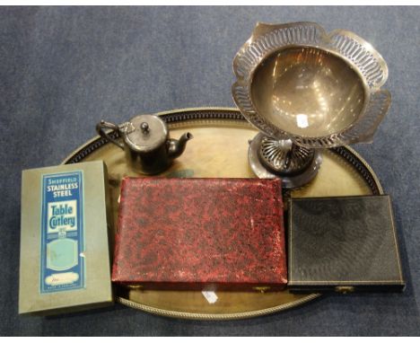 A SILVER PLATED OVAL TRAY, a plated bowl on stand and similar plated wares