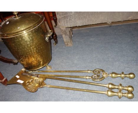 A SET OF THREE VICTORIAN BRASS FIRE TOOLS and a coal bin