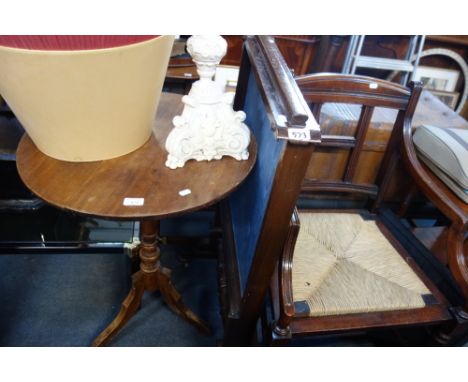 A VICTORIAN MAHOGANY FRAMED FIRE SCREEN, with sliding panel and a tripod occasional table made from a tailor's dummy stand