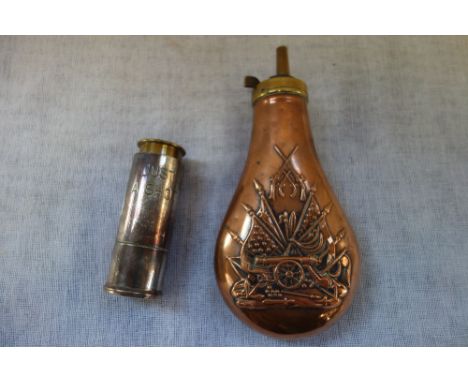 A COPPER POWDER FLASK and accessories