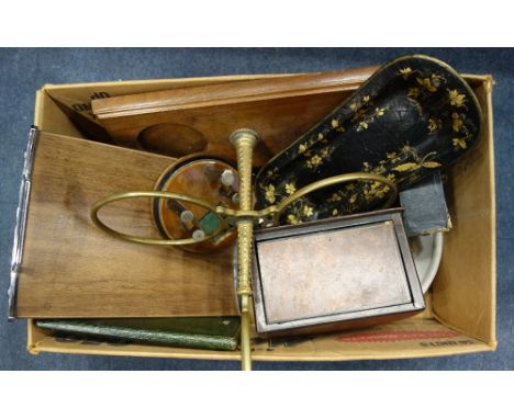 A 19TH CENTURY PAPIER MACHE SNUFFER TRAY, a brass and oak stand and sundries