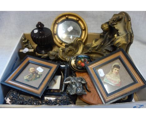 A CARVED WOODEN GILT WALL BRACKET and a collection of sundries